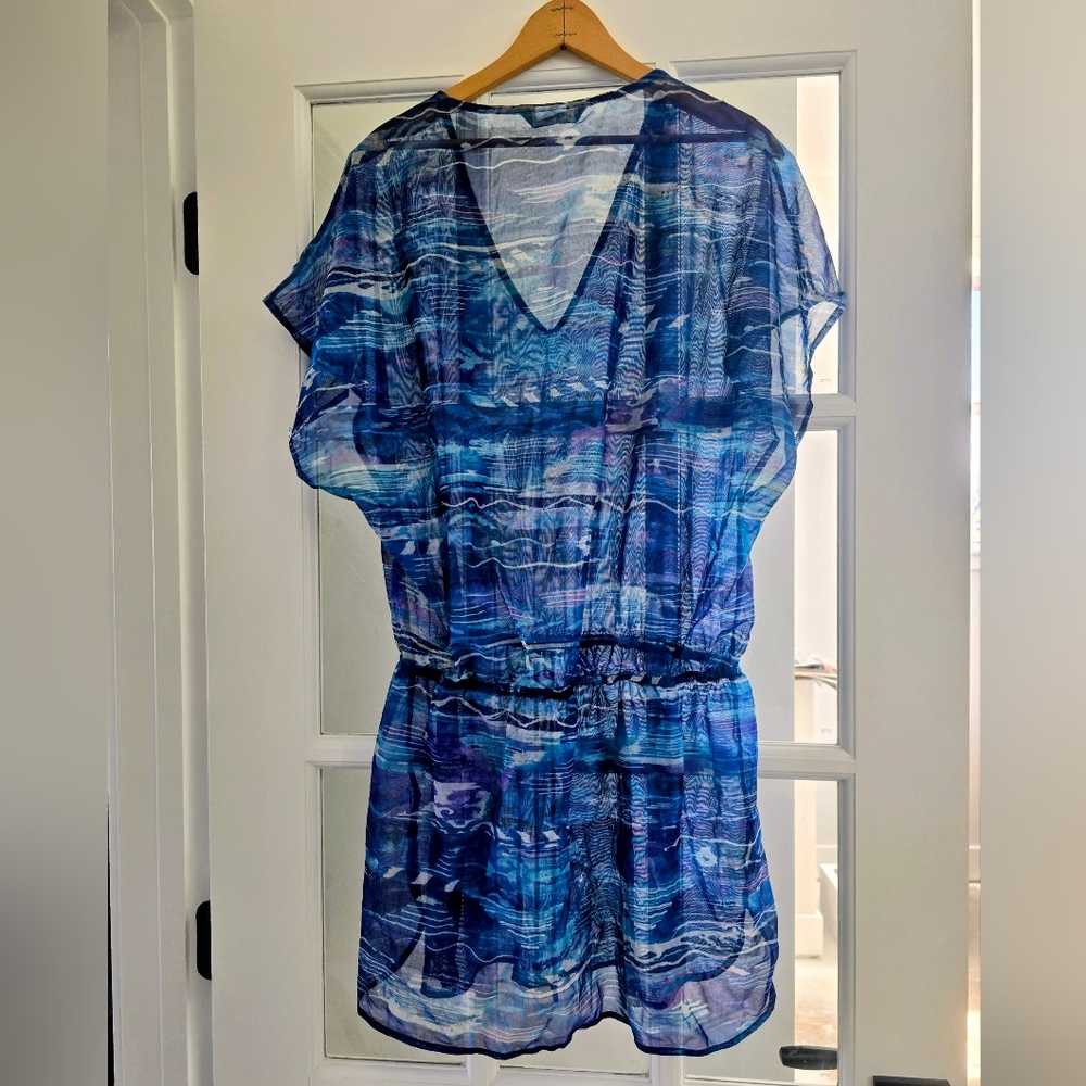 LAUREN RALPH LAUREN Calypso Ikat Blue Print Semi Sheer Swim CoverUp Mini Dress M - Picture 2 of 9